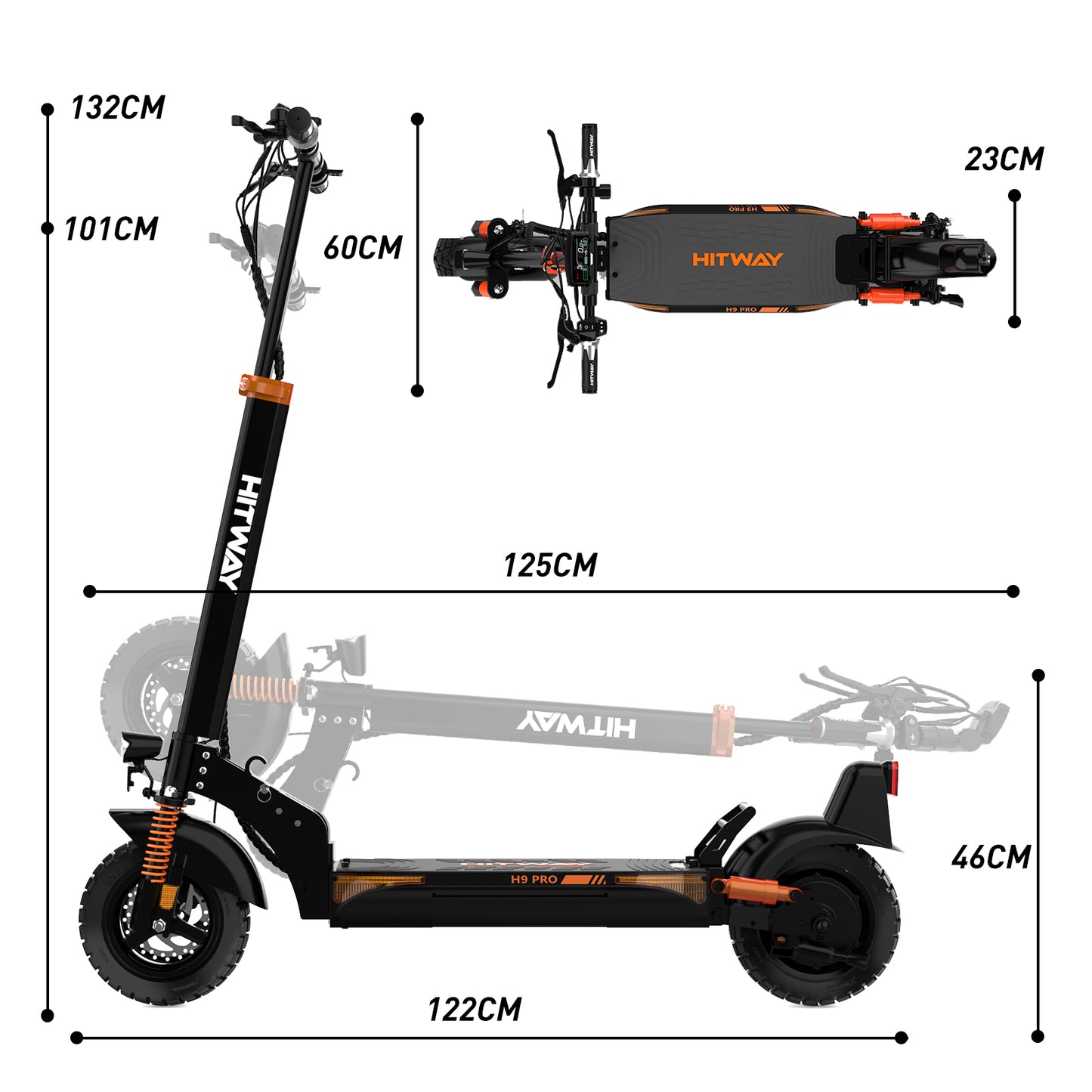 Produktgröße des HITWAY Elektrorollers: 122 x 60 x 132 cm, zusammengeklappte Größe: 125 x 23 x 46 cm