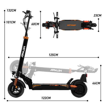 Produktgröße des HITWAY Elektrorollers: 122 x 60 x 132 cm, zusammengeklappte Größe: 125 x 23 x 46 cm