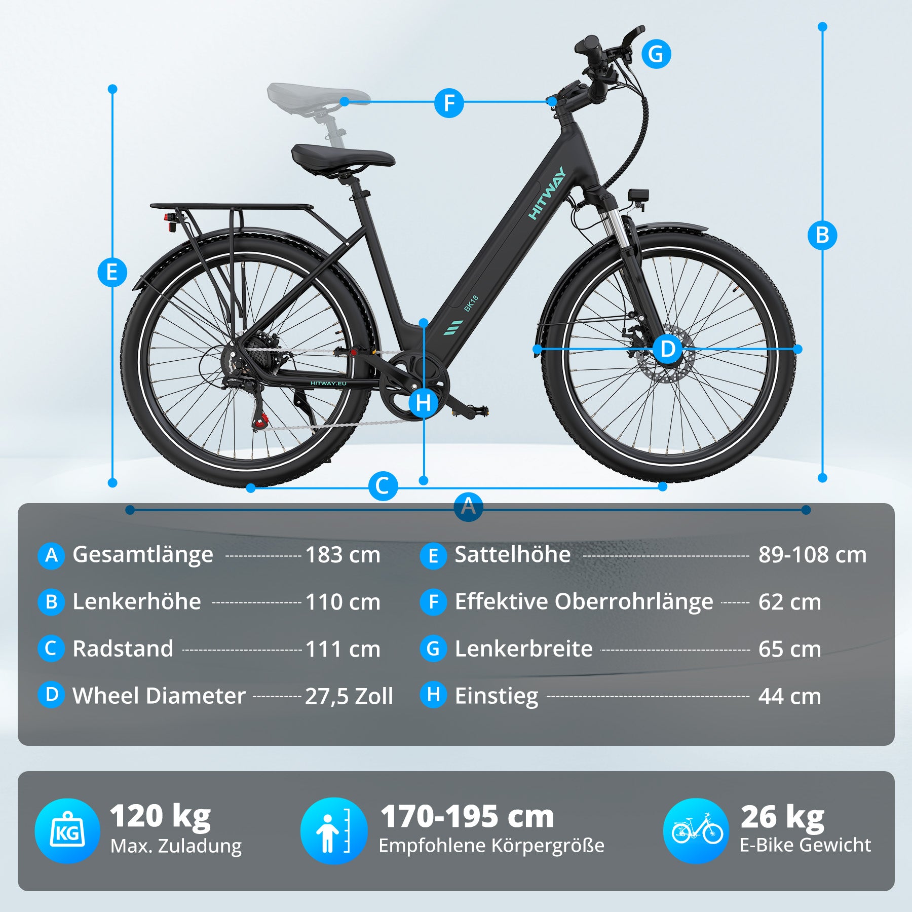 e bike trekking 170 kg BK18S E-Bike Citybike, 100km Reichweite, 27.5" Fat Tire Smart Pedelec