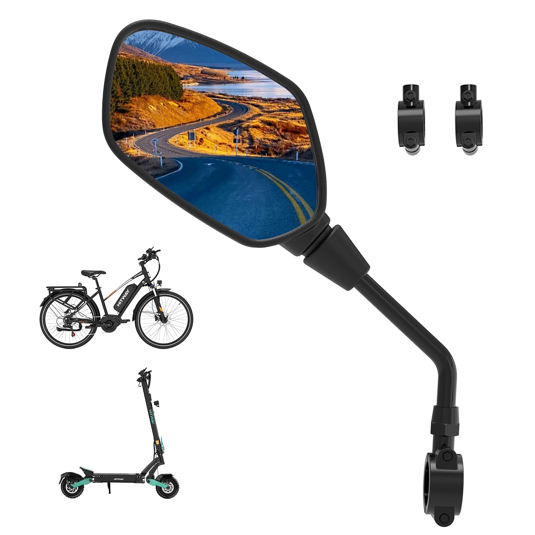 HD E-Bike Rückspiegel, 16×10 cm Großer Weitwinkel Fahrradspiegel, 360° Verstellbarer Lenkerspiegel für E-Bike, MTB, Roller & Motorrad, Passend für 27-33mm Lenker – HITWAY DE
