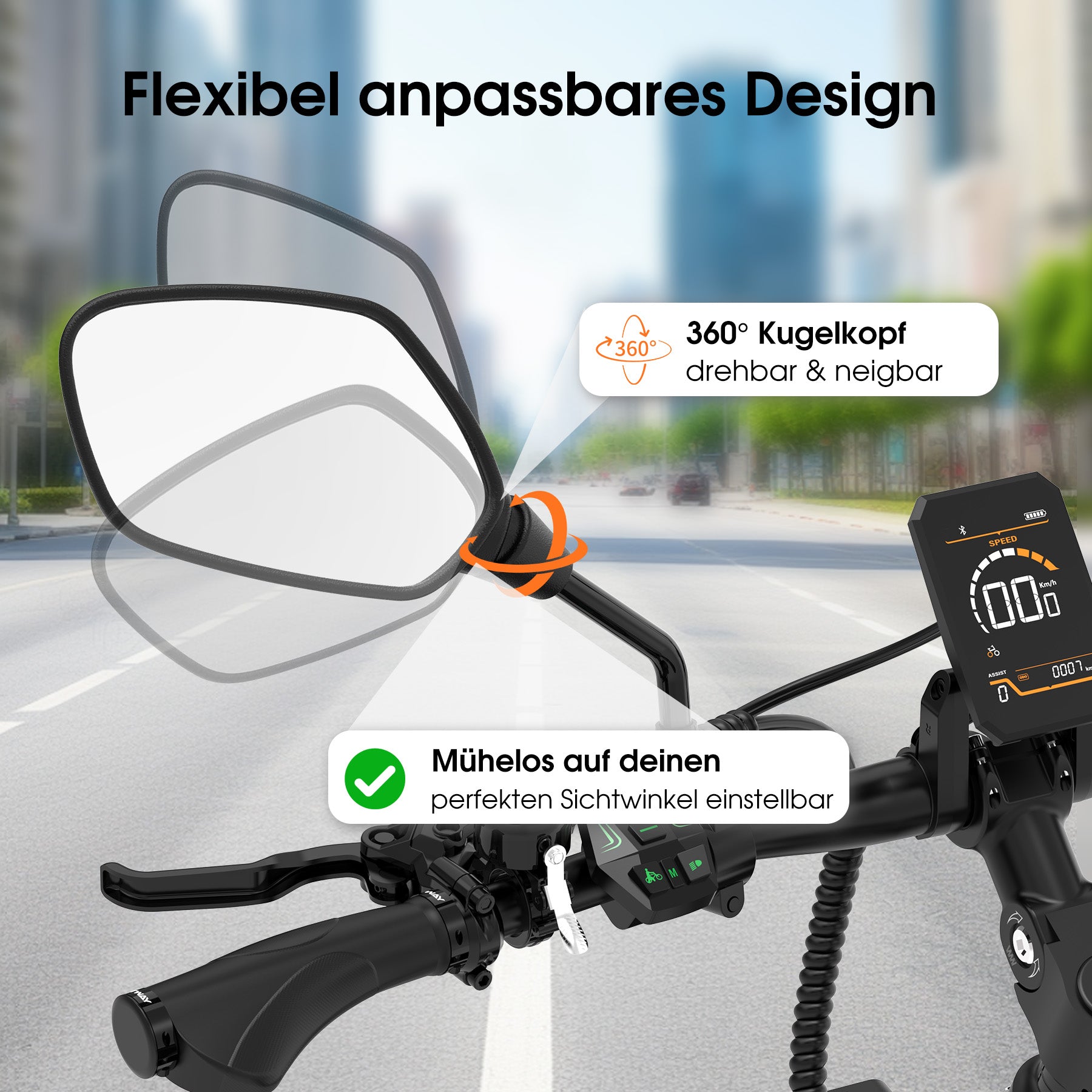 HD E-Bike Rückspiegel, 16×10 cm Großer Weitwinkel Fahrradspiegel, 360° Verstellbarer Lenkerspiegel für E-Bike, MTB, Roller & Motorrad, Passend für 27-33mm Lenker – HITWAY DE